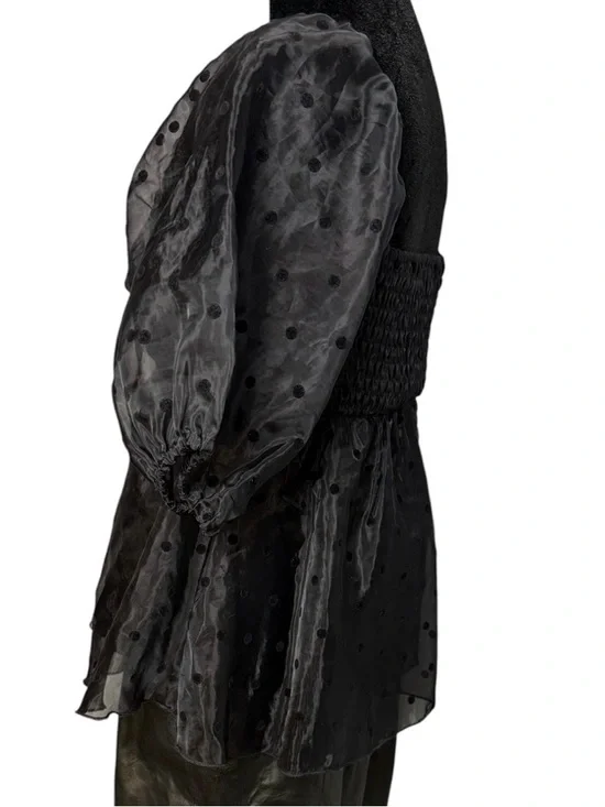 Molly Green Black Dotted Swiss Puff Sleeve Smocked Empire Waist Peplum Top Small - Picture 5 of 11